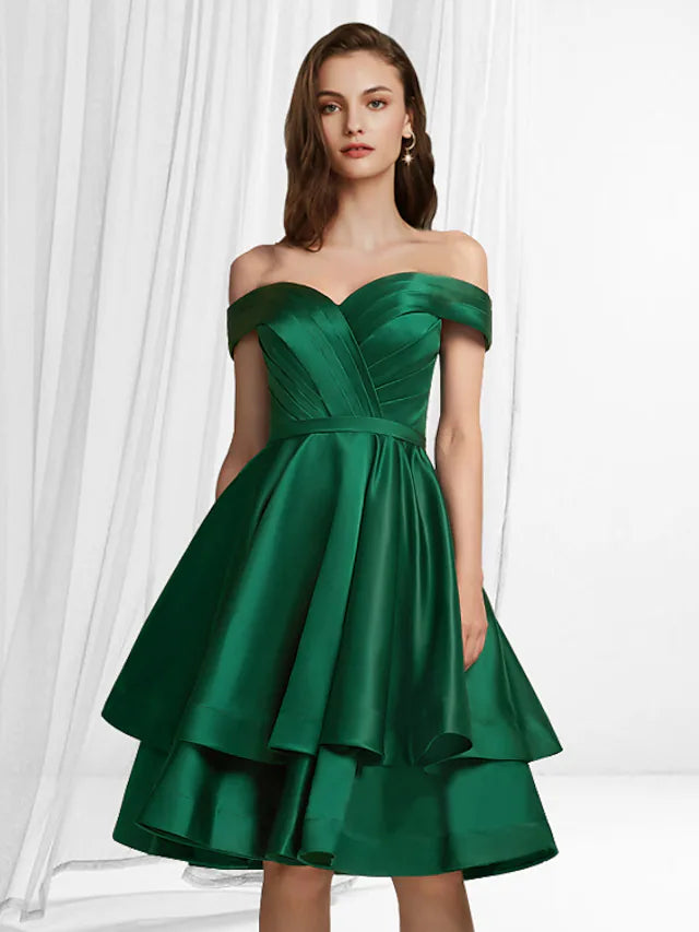 A-Line Empire Minimalist Party Wear Cocktail Party Dress Off Shoulder Sleeveless Knee Length Satin with Tier Tunics Leisure comfortable A-Line Empire Minimalist Party Wear Cocktail Party Dress Off Shoulder Sleeveless Knee Length Satin with Tier Tunics Leisure comfortable