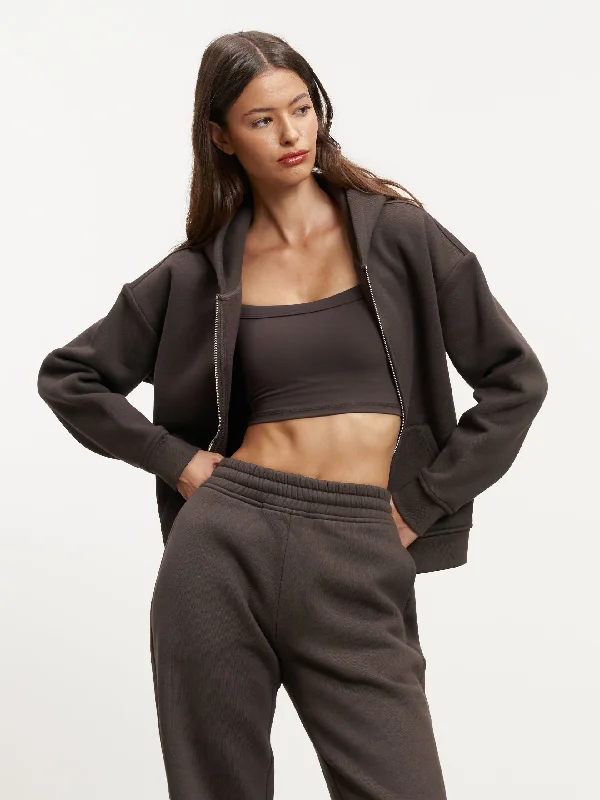 Womens Relaxed Zip Hoodie in Brown Hoodie with Lace Feminine Delicate