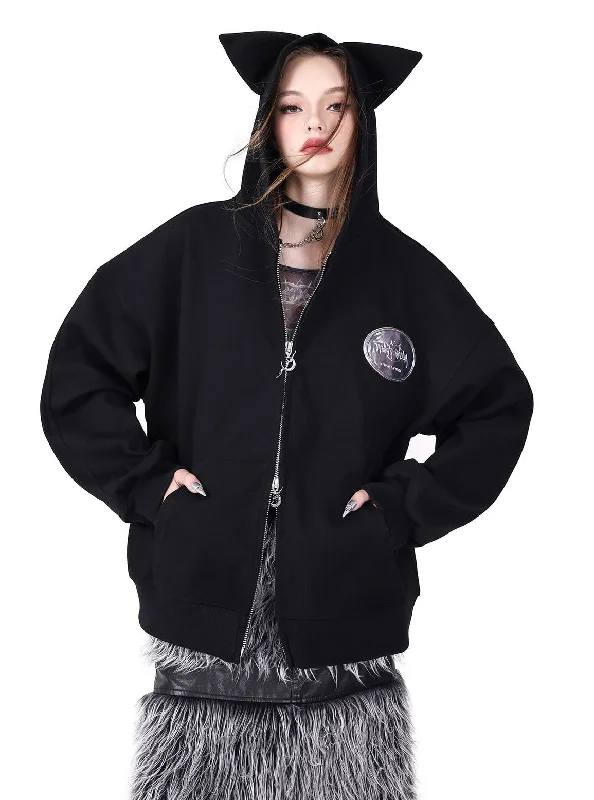 PINKSPINK Cat Ear Zip-Up Hoodie - Black Hoodie with Hem Contrast Bold Stylish