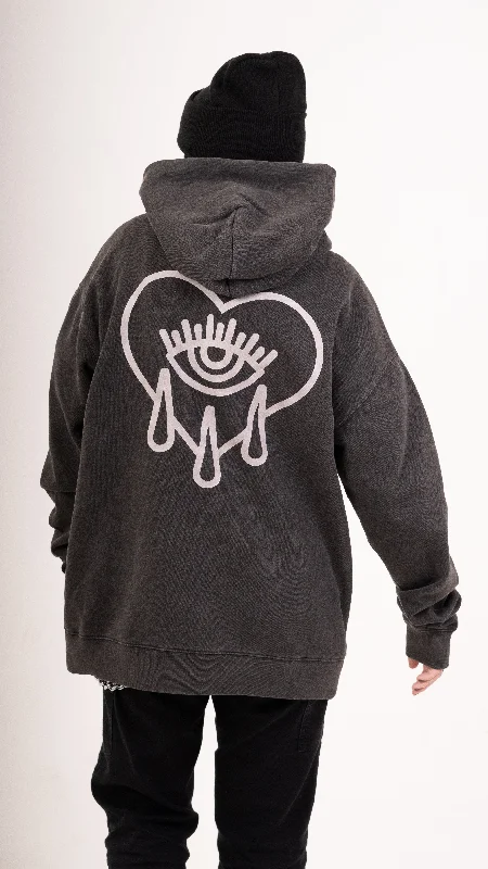 Zip Faded Crying Heart Hoodie - Black Hoodie with Typography Text Message