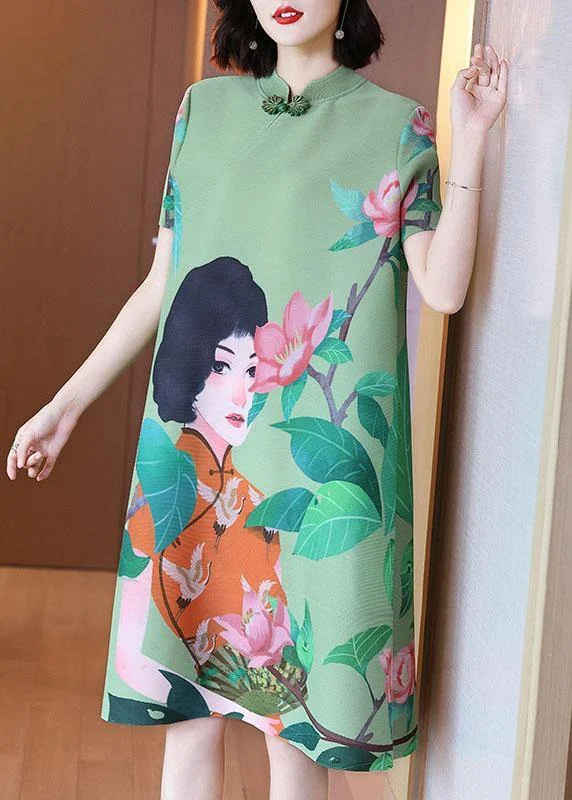 Italian Green Print Oriental Half Sleeve Party Dress Summer Tunics Chic elegant