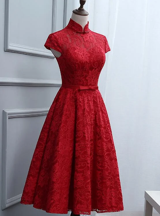 Red Lace Knee Length High Neckline Party Dress, Lace Homecoming Dresses Tunics Top Casual Red Lace Knee Length High Neckline Party Dress, Lace Homecoming Dresses Tunics Top Casual