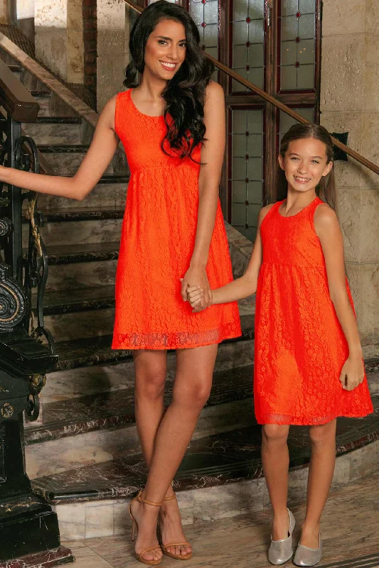 Bright Neon Orange Stretchy Lace Empire Waist Mommy & Me Party Dress Tunics Exclusive limited Bright Neon Orange Stretchy Lace Empire Waist Mommy & Me Party Dress Tunics Exclusive limited