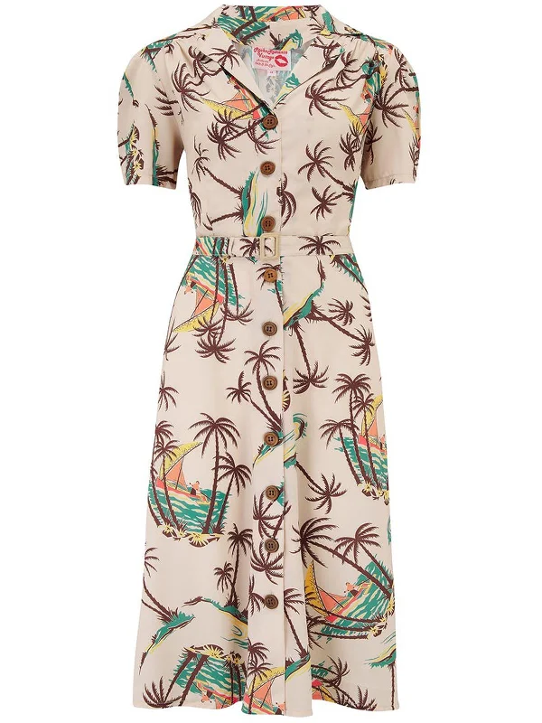 Vintage Style Cream Tahiti Print Shirtwaister Dress Tunics Denim casual