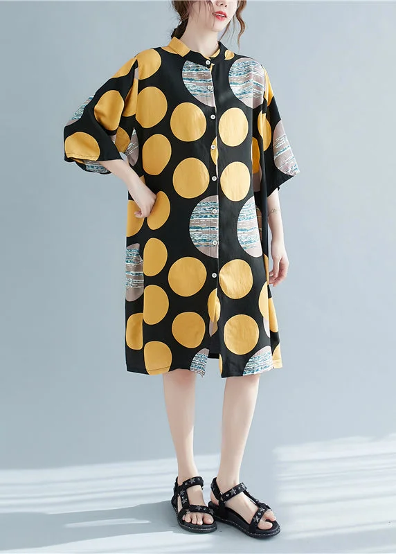 Retro Print Dot Stand Collar Linen Party Dress Half Sleeve Satin Halter Glamorous