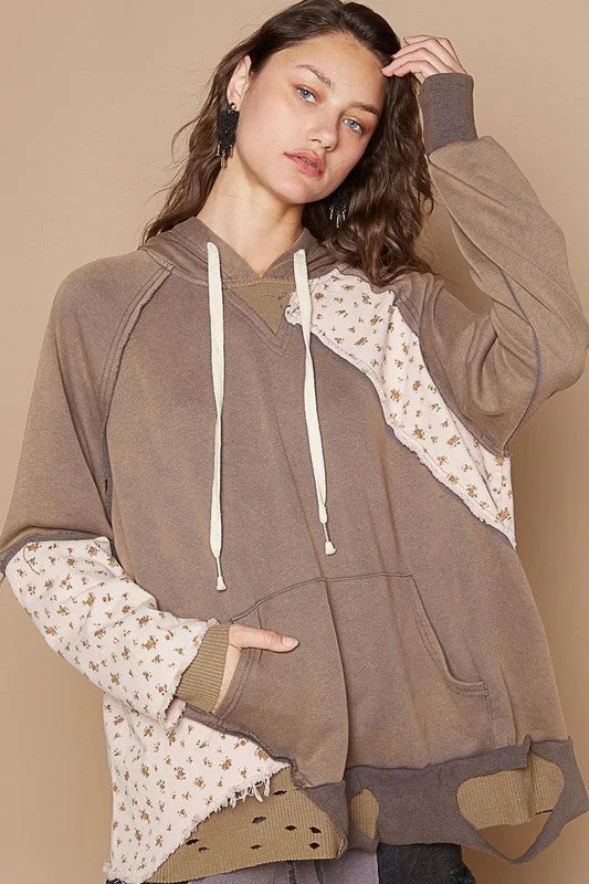 Blue Zone Planet | POL Floral Patchwork Distressed Drawstring Hoodie Hoodie with Pastel Soft Subtle Blue Zone Planet | POL Floral Patchwork Distressed Drawstring Hoodie Hoodie with Pastel Soft Subtle