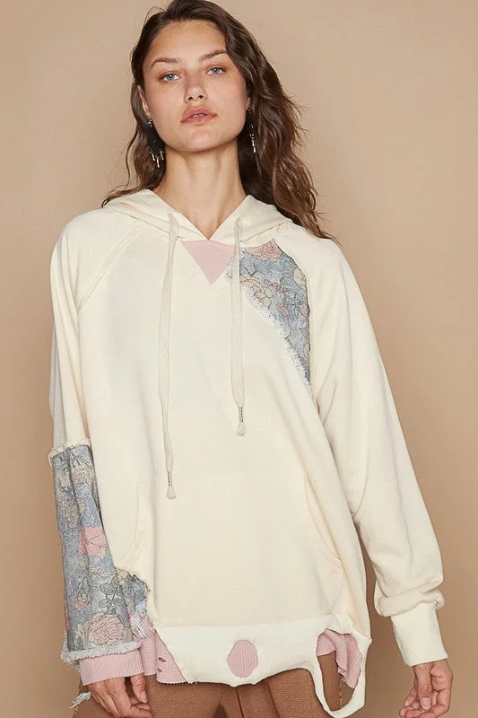 Blue Zone Planet | POL Floral Patchwork Distressed Drawstring Hoodie Hoodie with Gradient Ombre Colorful Blue Zone Planet | POL Floral Patchwork Distressed Drawstring Hoodie Hoodie with Gradient Ombre Colorful