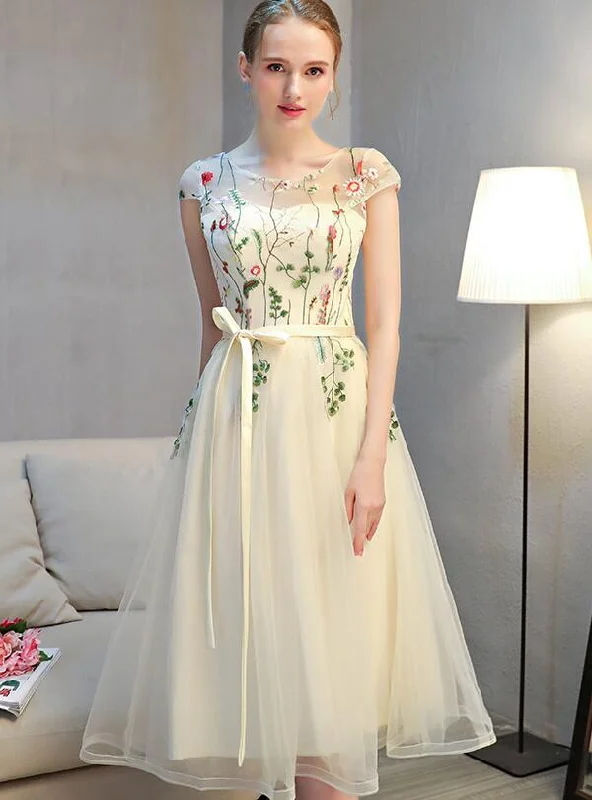 Lovely Light Champagne Cap Sleeves Floral Tea Length Party Dress, Cute Wedding Party Dresses Tunics Sophisticated sleek Lovely Light Champagne Cap Sleeves Floral Tea Length Party Dress, Cute Wedding Party Dresses Tunics Sophisticated sleek