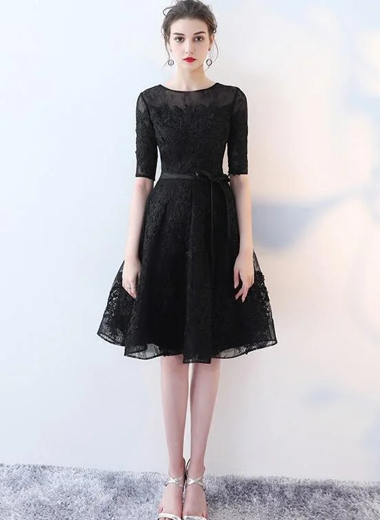 Cute Black Lace Short Sleeves Party Dress, Black Lace Homecoming Dress Turtleneck Neckline Stylish Cute Black Lace Short Sleeves Party Dress, Black Lace Homecoming Dress Turtleneck Neckline Stylish