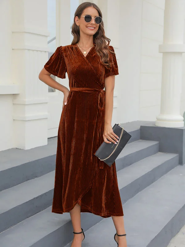 Split strap big pit strip gold velvet medium length dress dress Tunics Yoga stretchy