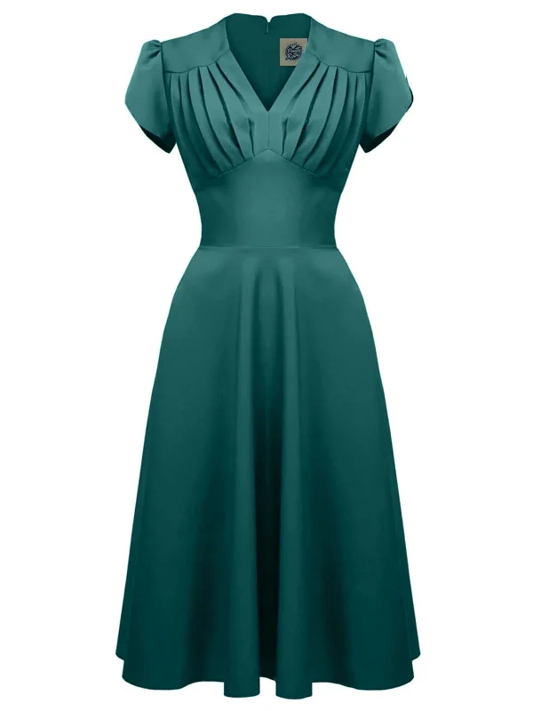 Teal Blue 1940s Vintage Inspired Swing Dress Casual Short Summer