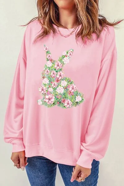 Floral Bunny Round Neck Long Sleeve Sweatshirt Hoodie with Mesh Breathable Sporty