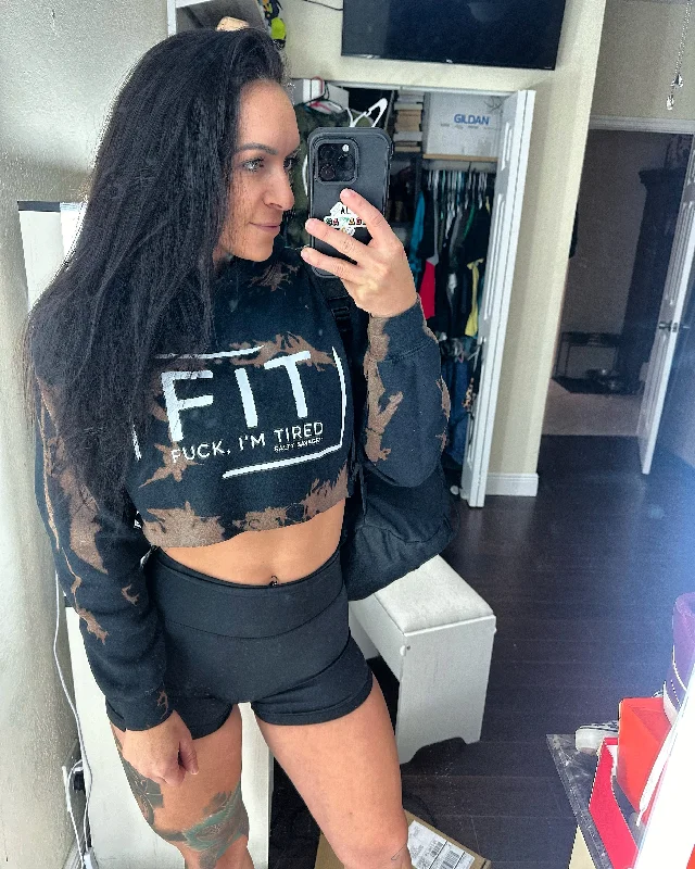 Salty Savage Ladies "FIT Fuck, I’m Tired" Bleach Washed Crop Hoodie Oversized Hoodie Comfort Casual Salty Savage Ladies "FIT Fuck, I’m Tired" Bleach Washed Crop Hoodie Oversized Hoodie Comfort Casual