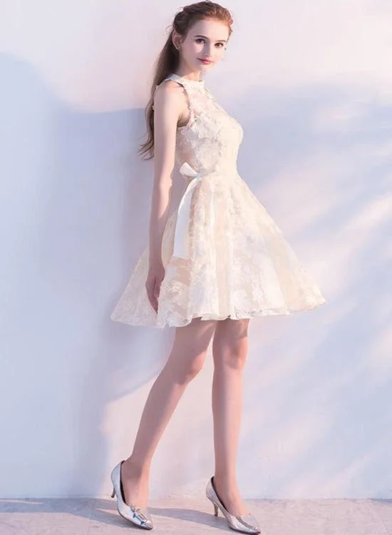 Light Champagne Lace Knee Length Halter Party Dresses, Short Lace Homecoming Dresses Tunics Chic elegant Light Champagne Lace Knee Length Halter Party Dresses, Short Lace Homecoming Dresses Tunics Chic elegant