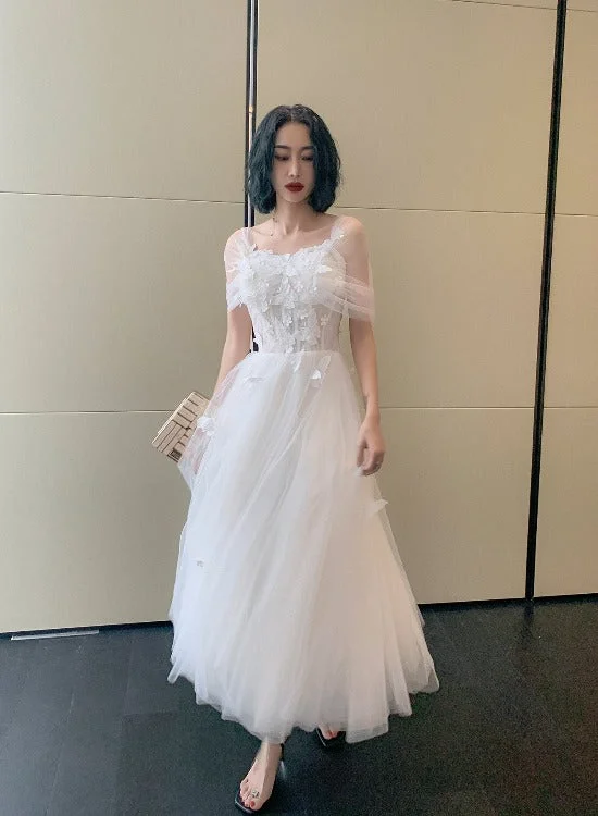 Cute White Tulle Tea length Off Shoulder Princess Party Dress, Lovely White Formal Dress Tunics Exclusive limited Cute White Tulle Tea length Off Shoulder Princess Party Dress, Lovely White Formal Dress Tunics Exclusive limited