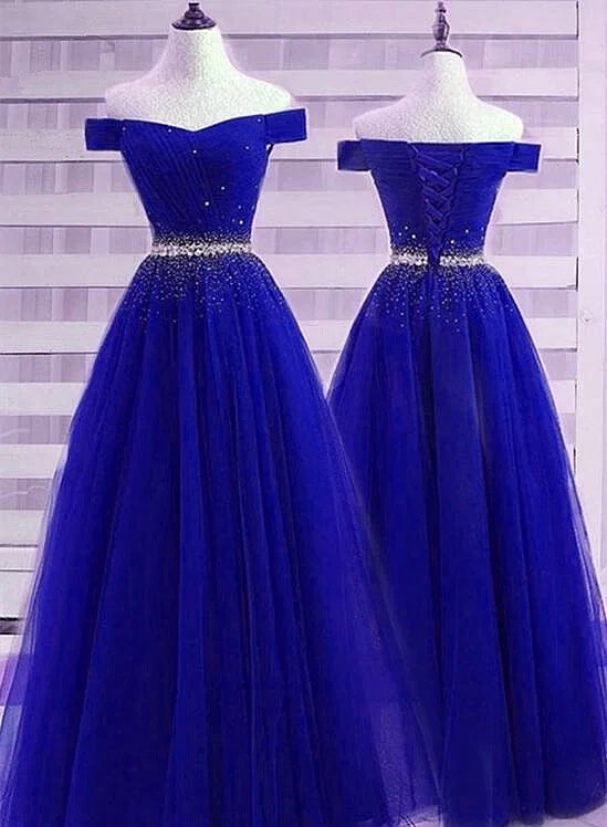 Beautiful Royal Blue Off Shoulder New Prom Dress , Beaded Party Dress Tunics Bridal satin Beautiful Royal Blue Off Shoulder New Prom Dress , Beaded Party Dress Tunics Bridal satin