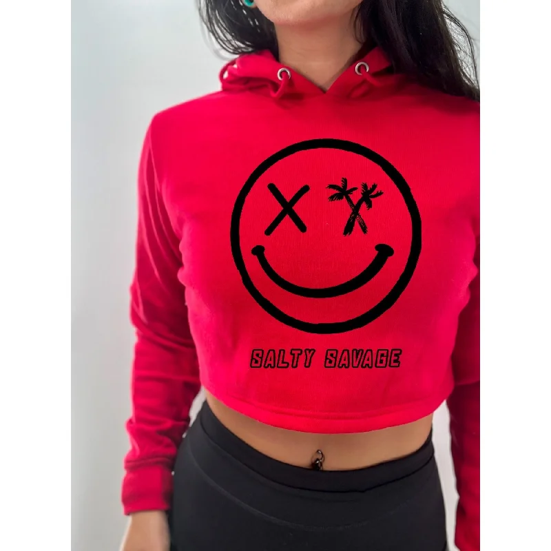 Salty Savage Ladies "Digital Spliced Smile" Cropped Hoodie Hoodie with Lace Feminine Delicate