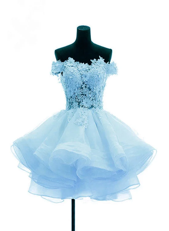 Light Blue Organza with Flower and Lace Short Party Dress, Blue Homecoming Dress Glittery Long Formal Light Blue Organza with Flower and Lace Short Party Dress, Blue Homecoming Dress Glittery Long Formal