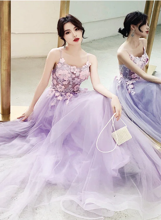 Charming Lavender Tulle A-line Party Dress with Lace, Prom Dress Tunics Polka dots