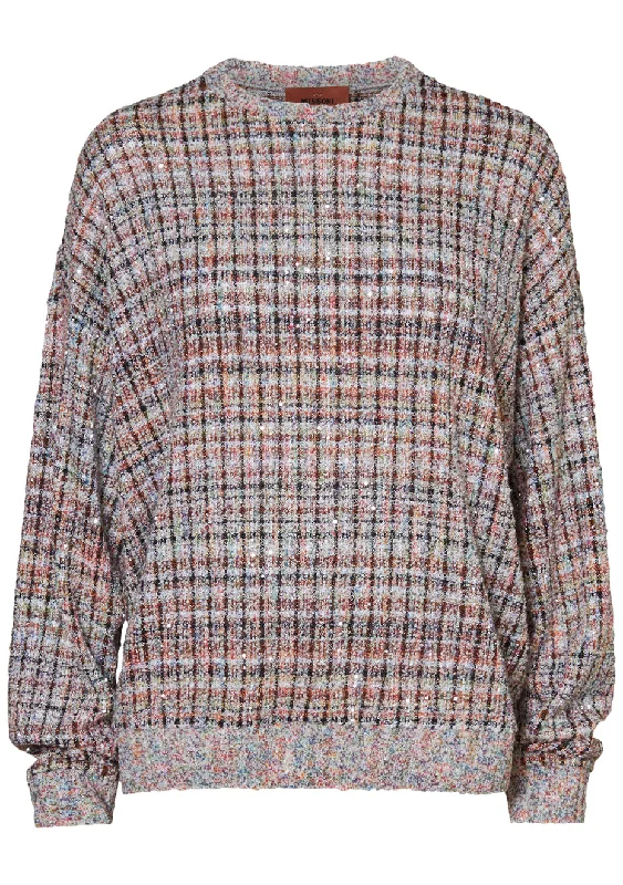 Tweed Sequins Crewneck Sweatshirt Hoodie with Rolled Sleeves Casual Relaxed