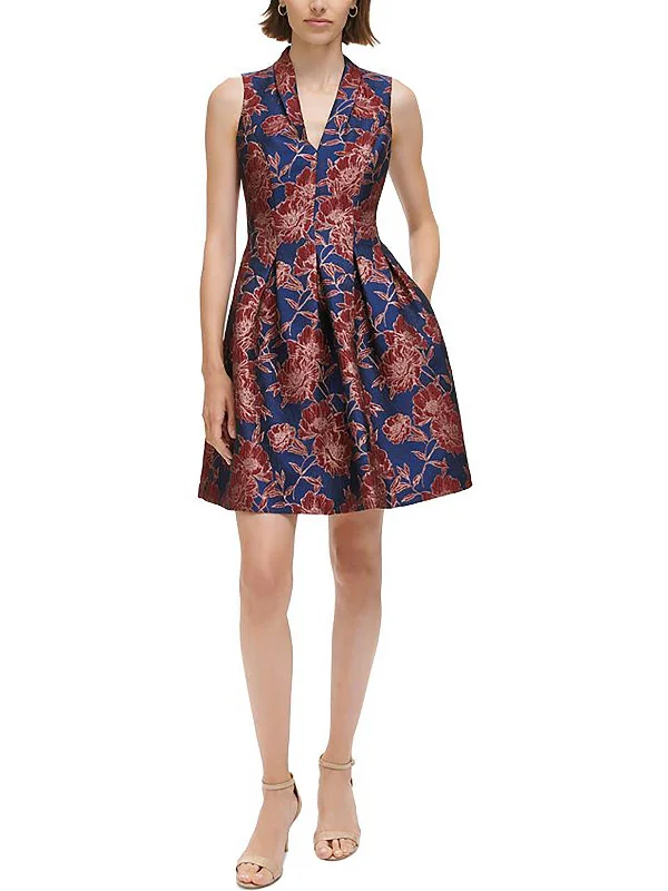 Womens Metallic Floral Fit & Flare Dress Tunics Summer linen