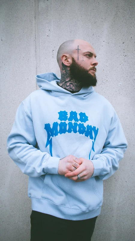 Relaxed Fit Logo Hoodie Powder Blue Hoodie with Exposed Zipper Edgy Industrial