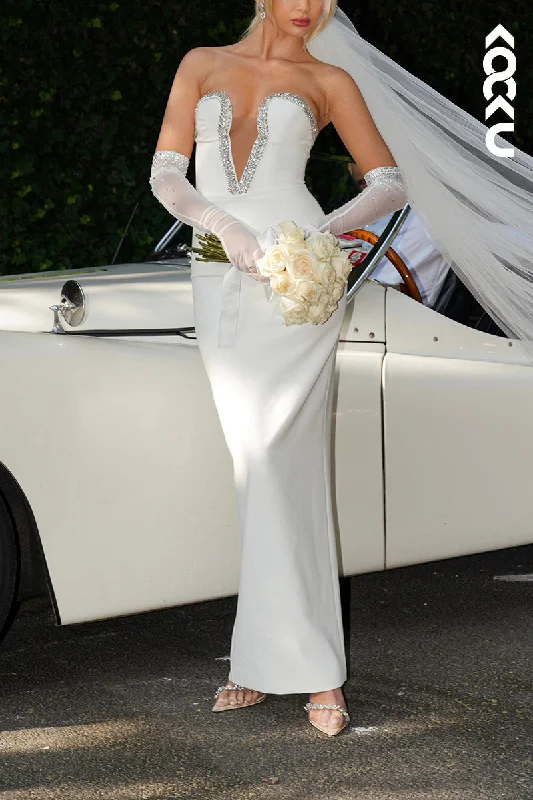L1922 - Low V-Neck Strapless Beaded Satin Sheath Long Evening Party Dress Tunics Handmade artisanal L1922 - Low V-Neck Strapless Beaded Satin Sheath Long Evening Party Dress Tunics Handmade artisanal