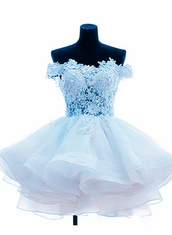 Adorable Light Blue Layers Organza Party Dress with Lace, Off Shoulder Short Prom Dress A-Line Day Work Adorable Light Blue Layers Organza Party Dress with Lace, Off Shoulder Short Prom Dress A-Line Day Work