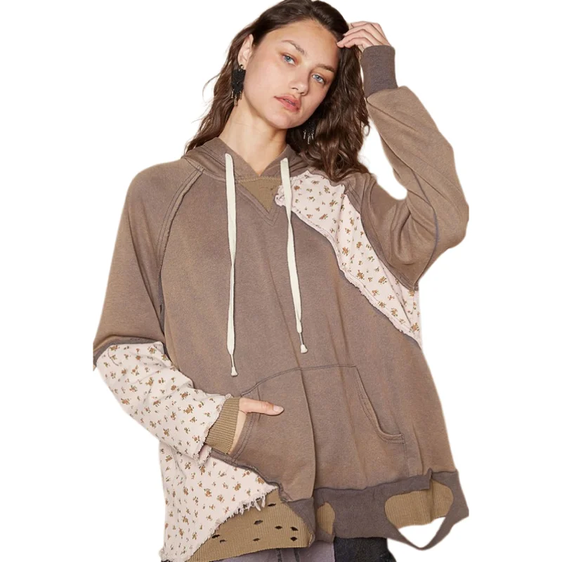 POL Hoodie Floral Contrast Patchwork Top Distressed Raw Exposed Seam Sweatshirt Hoodie with High Neck Warm Protective POL Hoodie Floral Contrast Patchwork Top Distressed Raw Exposed Seam Sweatshirt Hoodie with High Neck Warm Protective