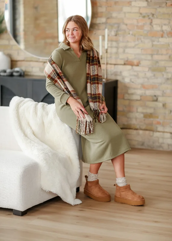 Bexlie V-neck Collar Sweatshirt Dress Hoodie with Earth Tones Natural Calm