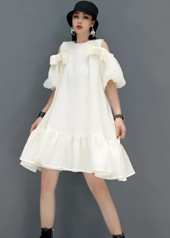 Loose White Puff Sleeve Cold Shoulder a line skirts Party Dress Summer Tunics Practical durable Loose White Puff Sleeve Cold Shoulder a line skirts Party Dress Summer Tunics Practical durable