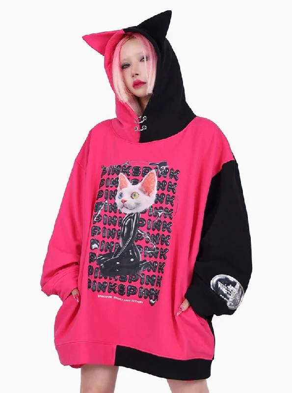 PINKSPINK Cat Graphic Oversized Hoodie - Hot Pink and Black Oversized Hoodie Comfort Casual