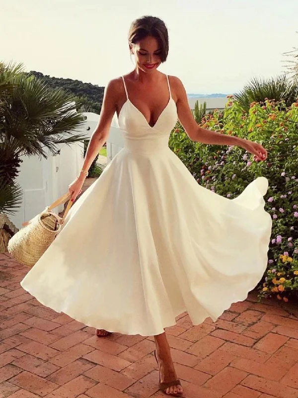 Simple V Neck White Prom Dress, Tea Length Saint Formal Wedding Party Dress Tunics Top Casual Simple V Neck White Prom Dress, Tea Length Saint Formal Wedding Party Dress Tunics Top Casual
