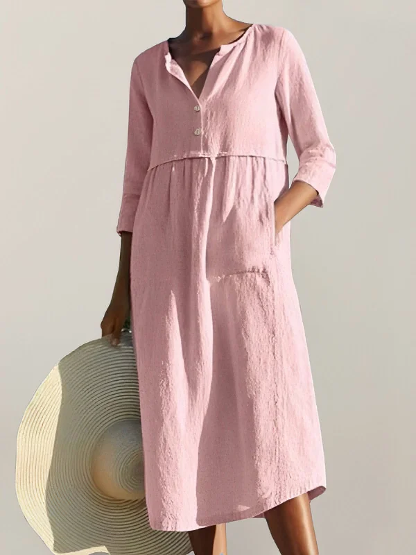 Round Neck Button Pocket Cotton Linen Long Sleeve Solid Color Dress Tunics Cozy soft