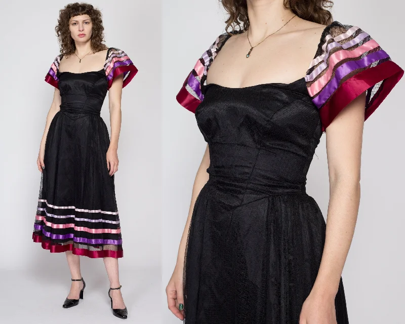 XS 1950s Black Ribbon Trim Fit & Flare Party Dress, As Is Tunics Formal black