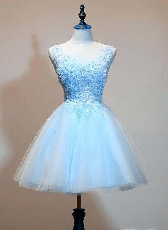 Light Blue Tulle Short Party Dress with Lace Applique, V-neckline Homecoming Dress Tunics Formal black Light Blue Tulle Short Party Dress with Lace Applique, V-neckline Homecoming Dress Tunics Formal black