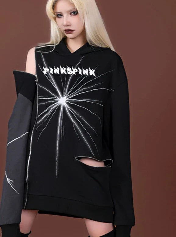 PINKSPINK Lightning Strike Asymmetric Hoodie - Black and Grey Hoodie with Hem Elastic Stretchable Comfortable PINKSPINK Lightning Strike Asymmetric Hoodie - Black and Grey Hoodie with Hem Elastic Stretchable Comfortable