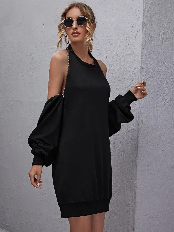 KittenAlarm - Cold Shoulder Zipper Detail Sweatshirt Dress Hoodie with Lining Warm Insulated