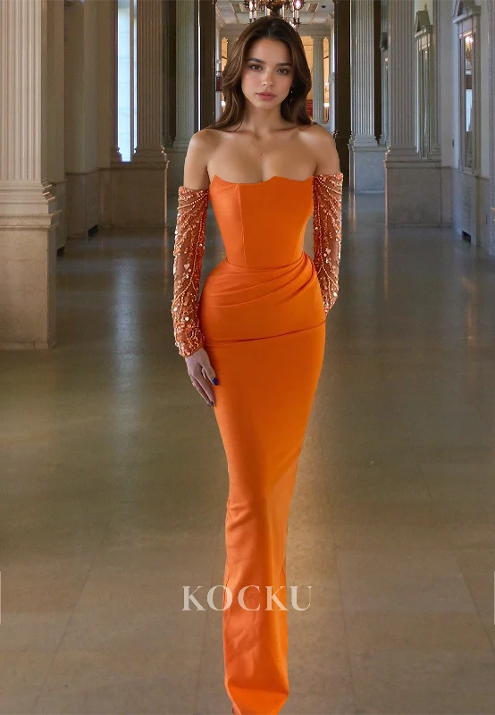 Elegant Tube Top Long Sleeves Fitted Satin Long Prom Formal Party Dress with Beaded Tunics Fashionable trendy Elegant Tube Top Long Sleeves Fitted Satin Long Prom Formal Party Dress with Beaded Tunics Fashionable trendy