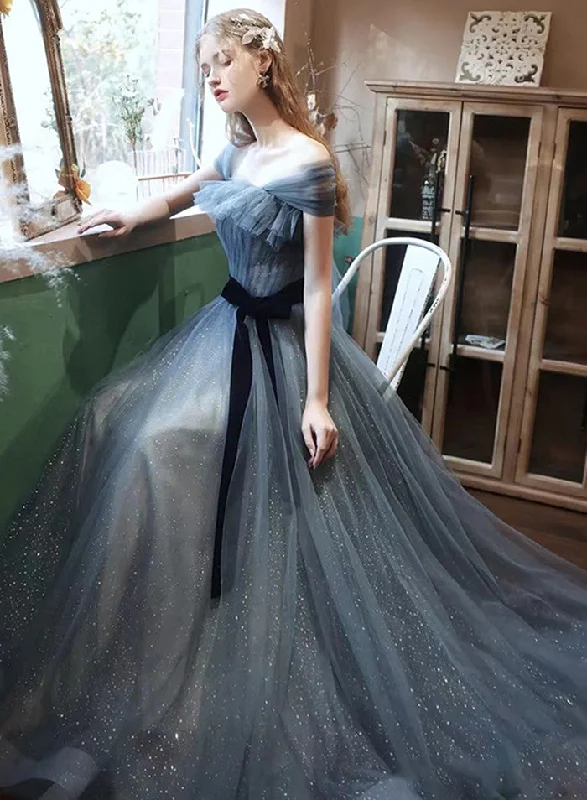 Blue Off Shoulder Tulle Long Evening Dress, A-line Tulle Party Dresses Tunics Modern contemporary Blue Off Shoulder Tulle Long Evening Dress, A-line Tulle Party Dresses Tunics Modern contemporary