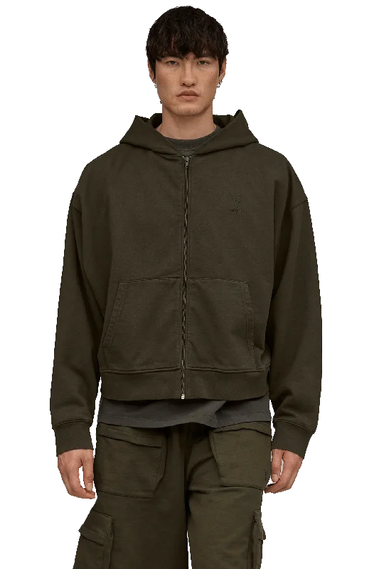 BOXY ZIP HOODIE - Khaki Hoodie with Drop Shoulder Relaxed Streetwear
