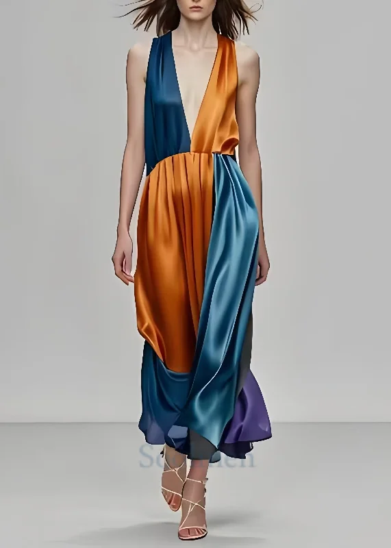 Bohemian Colorblock Deep-V Neck Patchwork Silk Party Dress Sleeveless Tunics Party sparkling Bohemian Colorblock Deep-V Neck Patchwork Silk Party Dress Sleeveless Tunics Party sparkling
