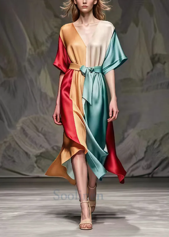 Fitted Colorblock Cinched Patchwork Silk Party Dress Summer Tunics Wedding white