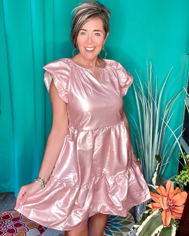 Rose Gold Pink Faux Leather Ruffle Cap Sleeve Tier Layered Party Dress Boat Neckline Classic Rose Gold Pink Faux Leather Ruffle Cap Sleeve Tier Layered Party Dress Boat Neckline Classic