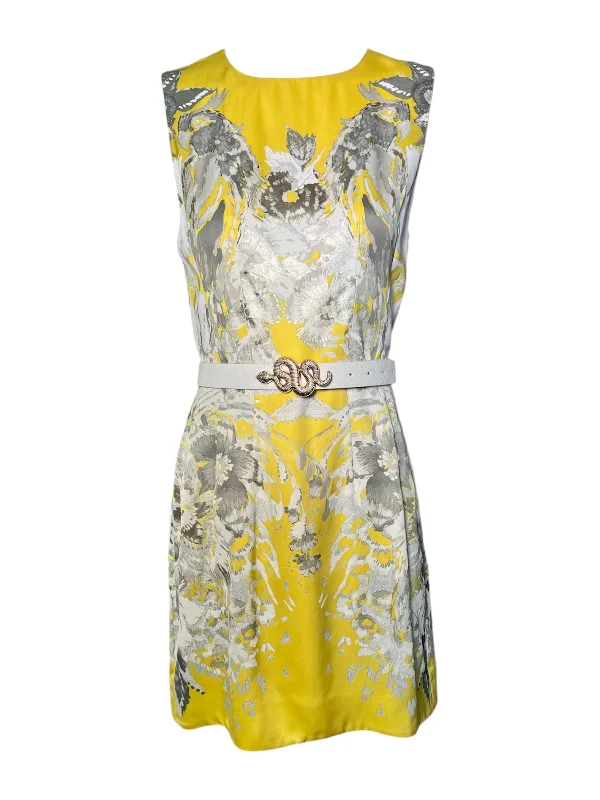 Roberto Cavalli 2000s Black Label Yellow Floral Dress with Snake Belt Tunics Prom sequined
