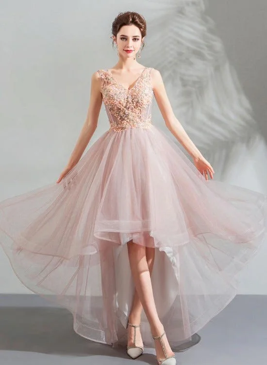 Light Pink V-neckline Lace Applique High Low Party Dress, Pink Tulle Short Homecoming Dresses Tunics Solid Classic