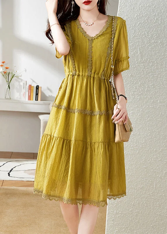 French Yellow V Neck Patchwork Cotton Party Dress Summer Tunics Denim casual