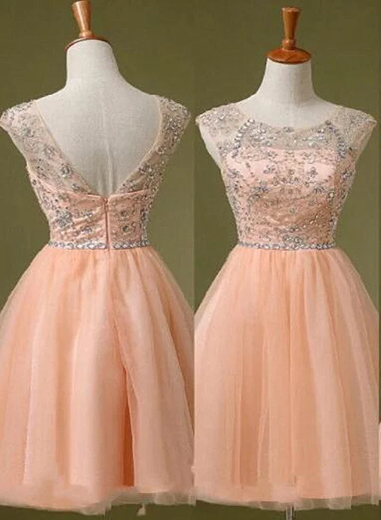 Adorable Pearl Pink Beaded Knee Length Party Dress, Pink Tulle Homecoming Dress Tunics Satin smooth Adorable Pearl Pink Beaded Knee Length Party Dress, Pink Tulle Homecoming Dress Tunics Satin smooth