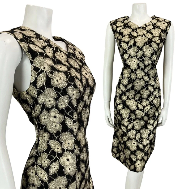 VINTAGE 60s 70s BLACK GOLD FLORAL MOD MINI PARTY CHRISTMAS EVENING DRESS 16 Tunics Long Elegant