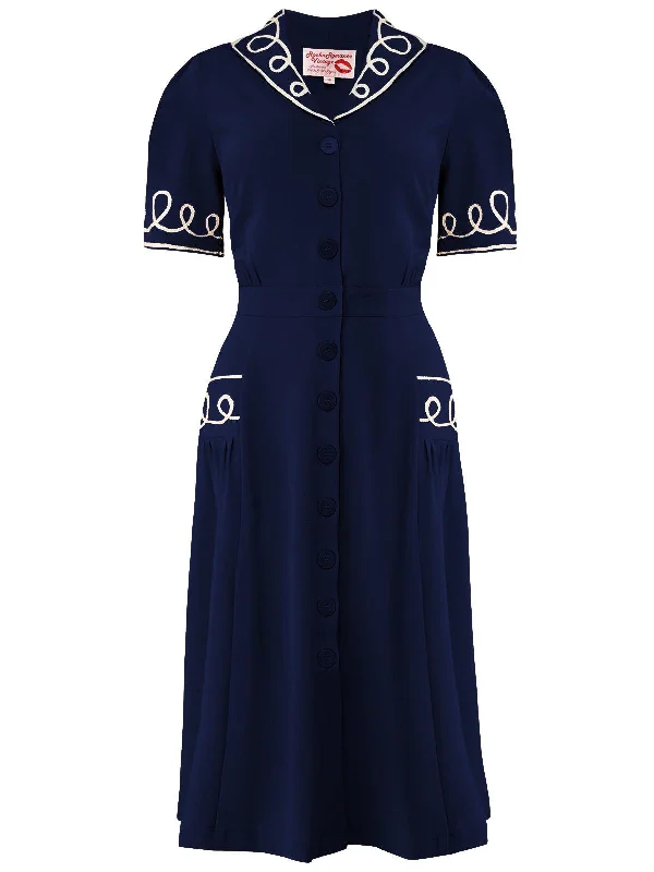 Vintage Style Navy Blue Soutache Loop Decor Dress Tunics Evening elegant